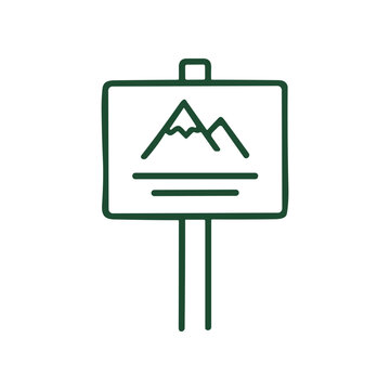 Green mountain landscape sign icon.