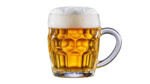 Full beer mug with frothy head and textured glass