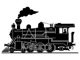 Black and White Vector Silhouette Illustration of a Classic Vintage Steam Locomotive Train Engine © Noyon