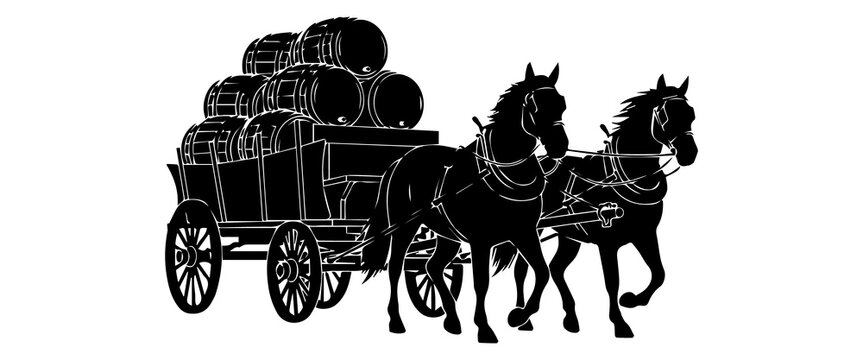 Silhouette illustration of two horses pulling a barrel cart