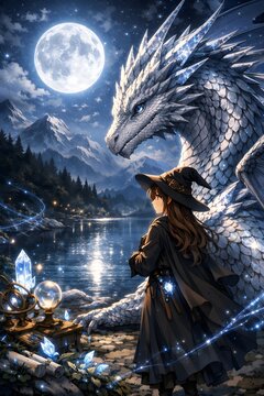 Witch standing by dragon near blue lake.