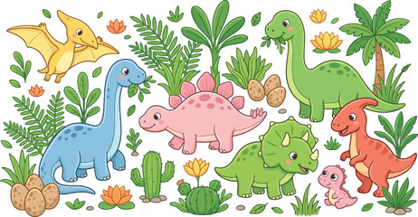 Cute Dinosaur Vector Illustration Set with Colorful Cartoon Characters Tropical Palm Leaves Cactus and Eggs for Kids Birthday Nursery Patterns © Rownok