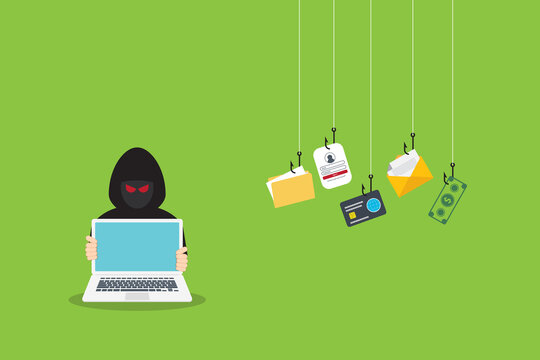 Hacker with laptop computer stealing confidential data, personal information and credit card detail. Hacking concept.	