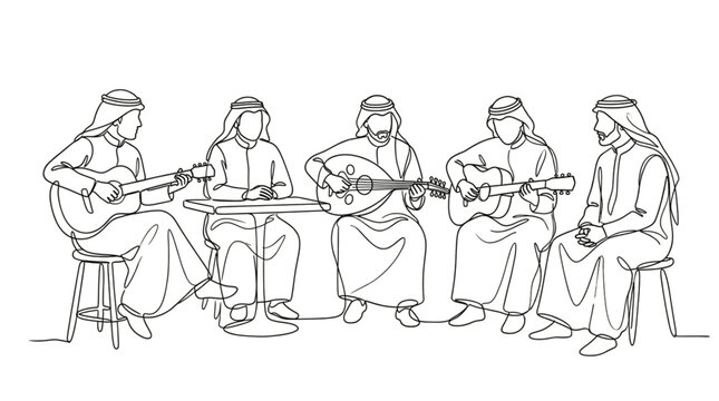 Group of Arab Men Playing Musical Instruments Together in Continuous Line Art Style for Cultural Event or Traditional Celebration