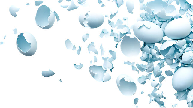 Cracked light blue eggshell fragments scattered, broken Easter egg pieces for spring holiday design, isolated on white background