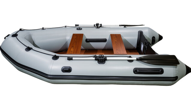 Gray inflatable boat with wooden floor and paddles