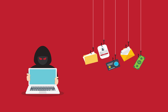 Hacker with laptop computer stealing confidential data, personal information and credit card detail. Hacking concept.	