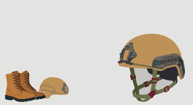 Helmet Military Tactical Gear with Combat Boots and Side View Protection Equipment in Flat Vector Style.