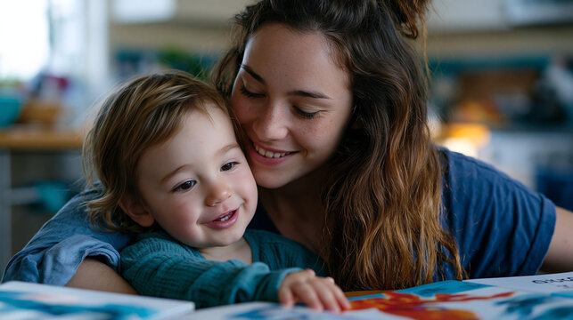 Young French au pair teaches her host family toddler a simple folk song in a sunny American suburb kitchen, bilingual picture books spread across the table, bridging parenting cultures through music