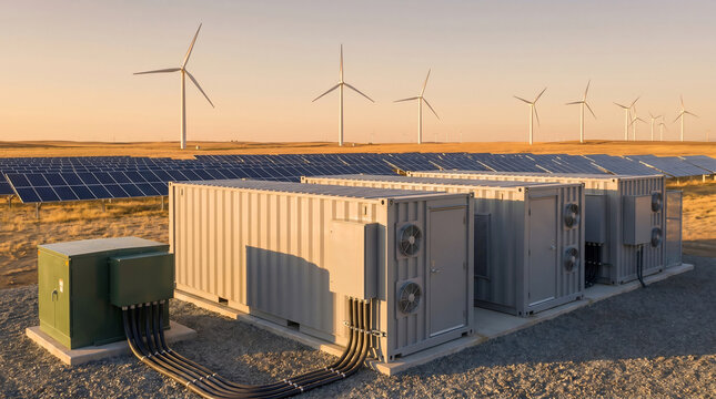 Battery storage cabinets beside solar panels and wind turbines at clean energy site