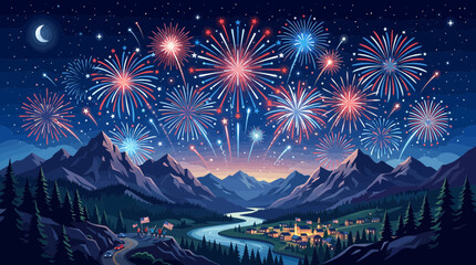 Pixel Art Fireworks Display Over Mountain Valley Town Celebration © il