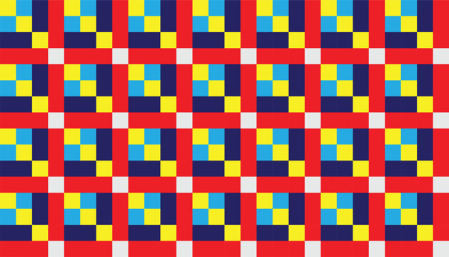 Seamless geometric pattern with colorful squares in red, yellow, blue, and dark blue on a white background