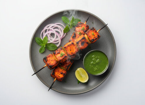 Smoky paneer tikka platter isolated on white background for authentic tandoori indian starter