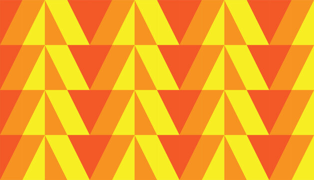 Abstract geometric seamless pattern with vibrant yellow, orange, and red shapes. Vector retro background featuring modern triangle tessellation and dynamic arrow style texture.