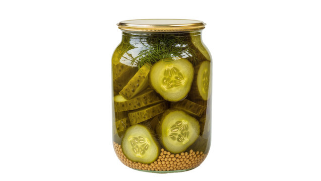 Pickled cucumber slices in glass jar with dill and mustard seeds