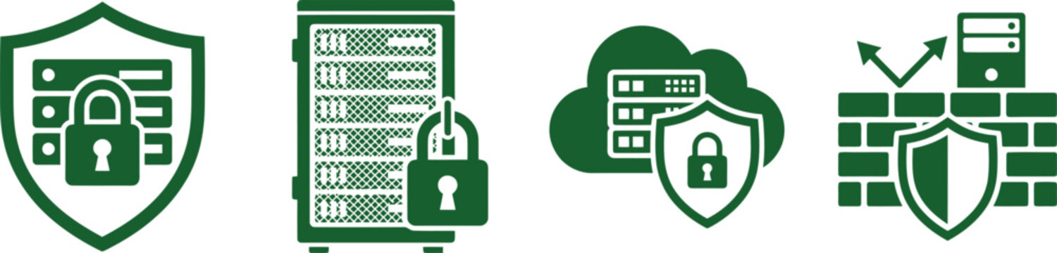 Shield Computer Security Illustration Set with Lock, Server, Firewall and Copy Space for Branding
