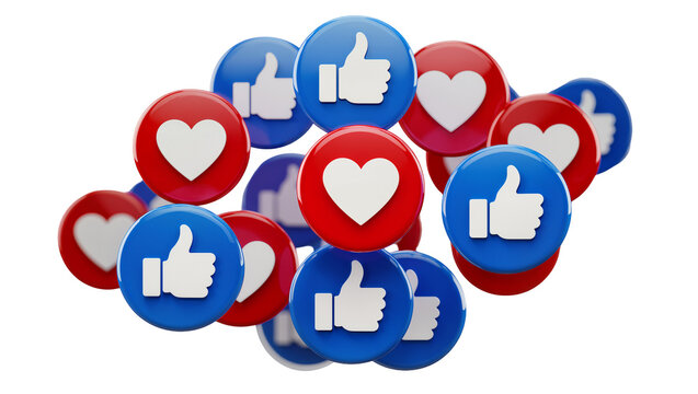 Red heart and blue thumbs up social media icons cluster