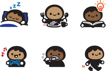 Naklejka premium Set of cute cartoon characters performing daily activities like sleeping, eating, reading, playing games, brushing teeth and walking