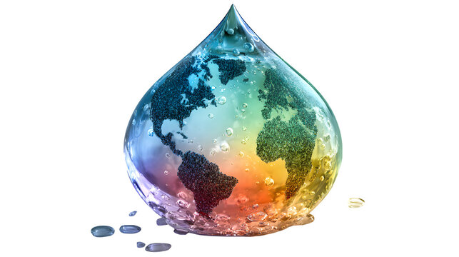 Water drop showing planet Earth map with colorful reflections isolated on transparent background