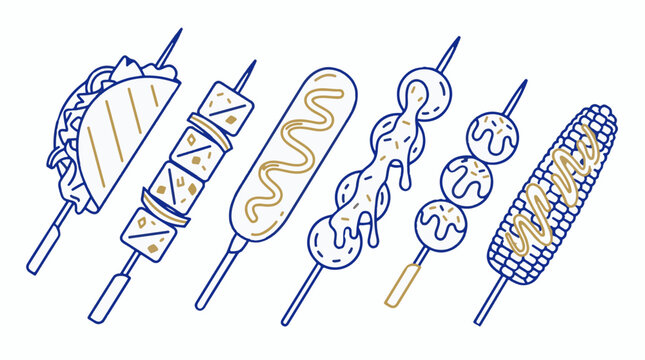 Set of street food vector illustrations featuring various snacks on skewers including taco corn dog meat skewer and corn on the cob in line art style