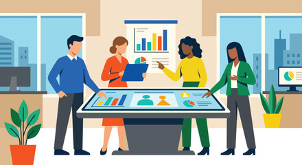 Fototapeta premium Team Working at Office Table Discussing Analytics on Display in Minimalist Flat Vector Style