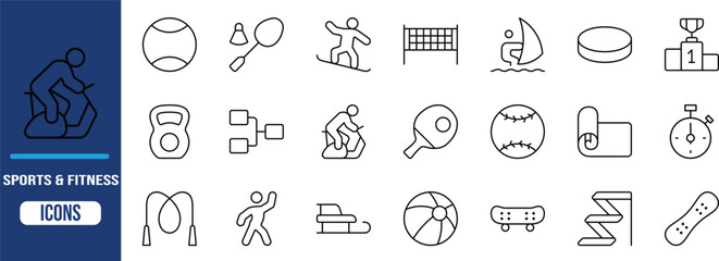 Outline sports fitness activity icons. kettlebell icon set, baseball icon set, skateboard icon set © Ayub