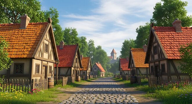 A cobblestone street winds through a quaint village of half-timbered homes beneath a blue sky