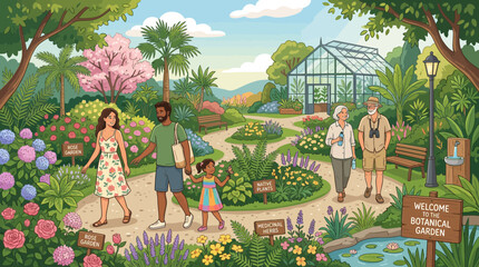Diverse people enjoying a vibrant botanical garden with greenhouse and blooming flowers. © il