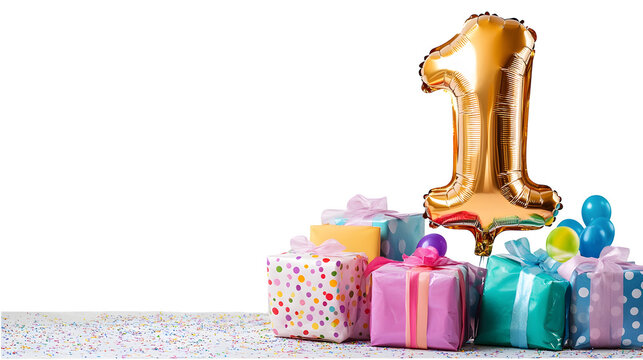 First birthday party celebration setup with colorful wrapped gifts and shiny number one foil balloon, isolated on white background