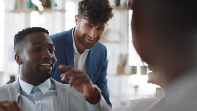 Meeting, conversation and businessman in office with funny joke for finance report or budget. Laughing, feedback and financial advisors team for investment proposal, suggestion and collaboration