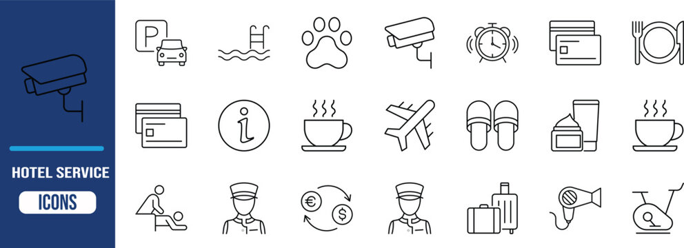 Hotel and travel service vector icons. airplane icon set, luggage icon set, pool icon set