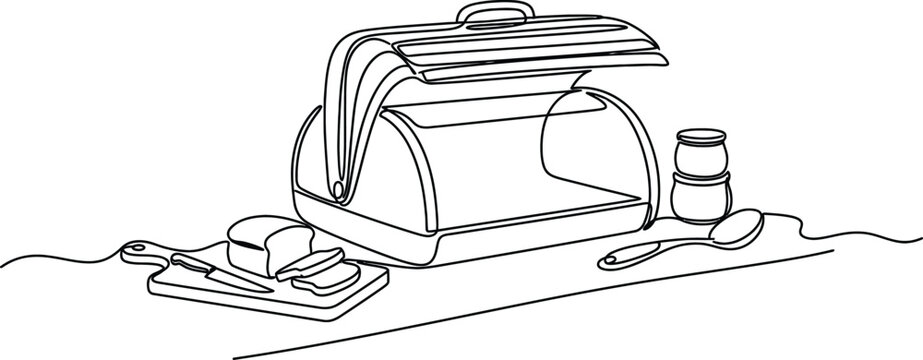 Line Art Bread Box with Sliced Bread, Knife, and Jars on Table