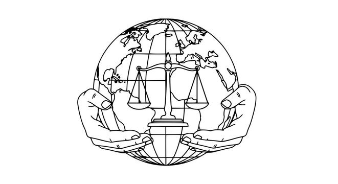 Global Justice Symbol: Hands Holding Scales of Justice Over Earth Globe