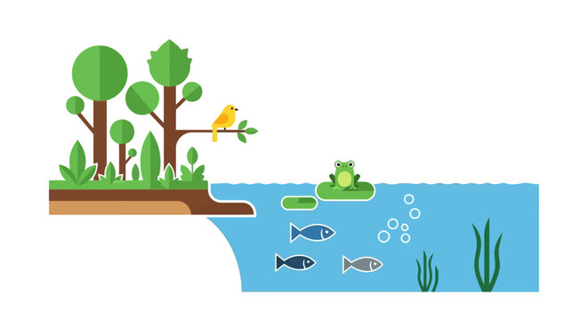 Flat design pond ecosystem with frog, fish, bird, and trees
