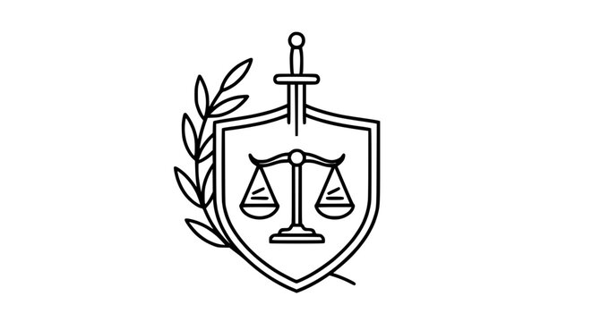 Justice Symbol: Scales of Justice, Sword, and Laurel Wreath on Shield Emblem