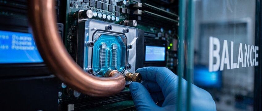 Liquid cooling system PC maintenance with gloved hand adjusting waterblock to balance server hardware performance and optimization of futuristic technology workstation. Copper pipes and blue coolant..