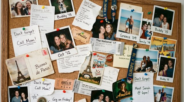Corkboard with travel photos and reminders
