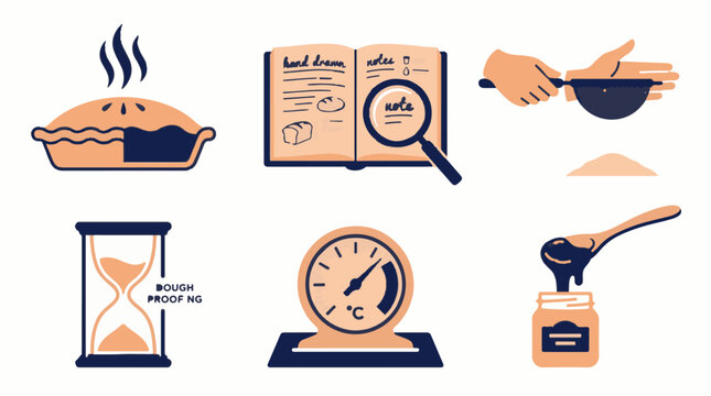 Baking and cooking process icons set featuring a pie recipe book flour sifter hourglass thermometer and honey jar in a flat vector illustration style