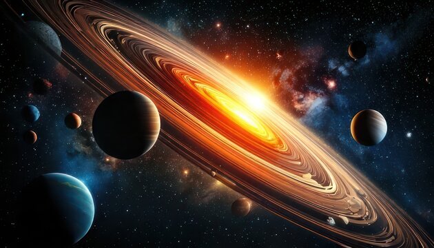 Stunning Solar System Galaxy with Planets and Nebula.