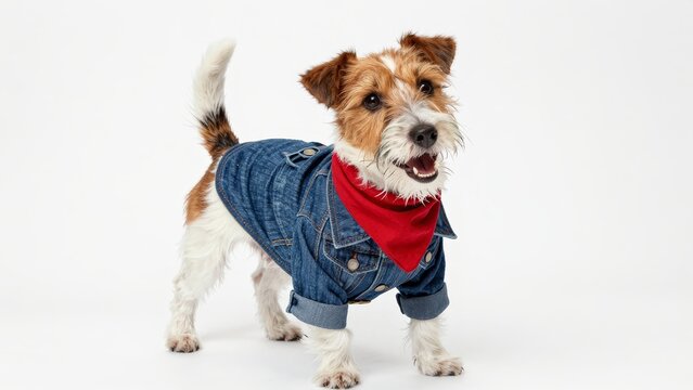 Happy Dog in Denim Jacket with Red Bandana on White Background