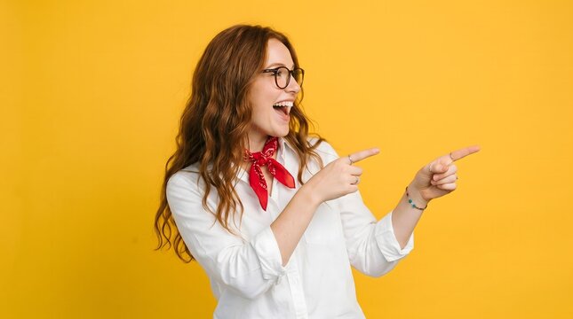 Excited young woman pointing wearing glasses and a red bandana yellow background