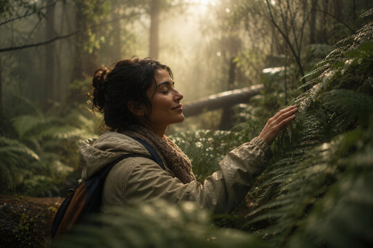 Sunlight filters through misty forest canopy