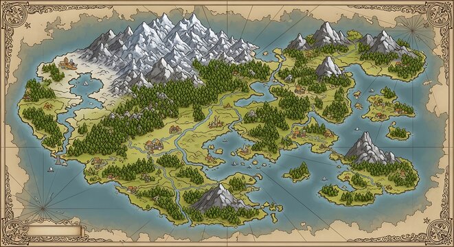A detailed, colorful fantasy map depicts a land with mountains, forests, coastlines and settlements
