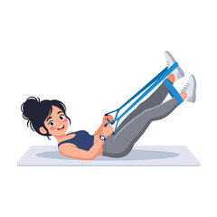Fototapeta premium Girl doing leg raises with resistance band while smiling on workout mat 