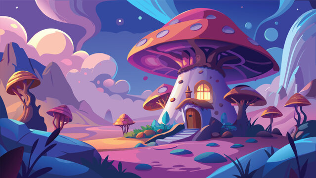 Whimsical mushroom house nestled in a surreal colorful fantasy landscape under a starry sky