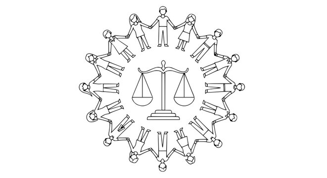 Diverse people circle holding hands around scales of justice, unity and equality concept