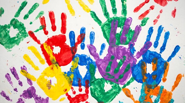 Colorful handprints on white wall children's art creative expression