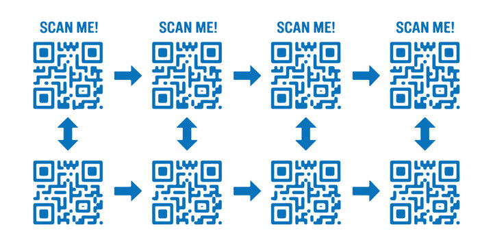 Blue qr code process flow diagram with bidirectional arrows showing scanning steps and digital synchronization.