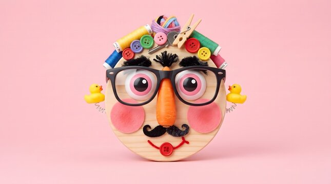 Craft face whimsical portrait constructed from sewing supplies and toys