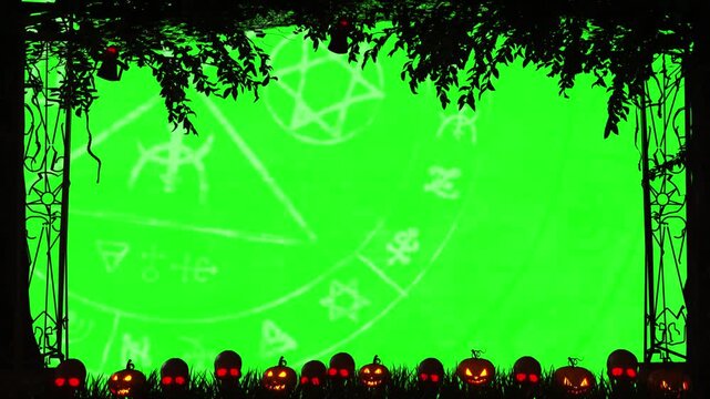 Jack-o-lanterns border the bottom of a screen with a green background featuring mystical occult symbols and hanging tree branches above.